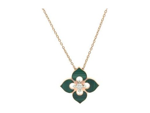 18K Rose Gold Necklace with Malachite and Natural Round Diamonds in Floral Design